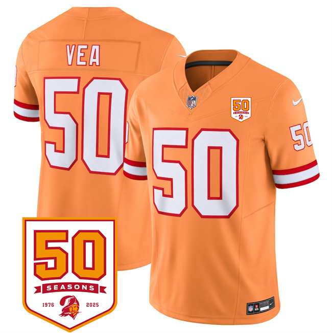 Men's Tampa Bay Buccaneers #50 Vita Vea Orange 2025 F.U.S.E. 50th Anniversary Patch Vapor Limited Stitched Jersey